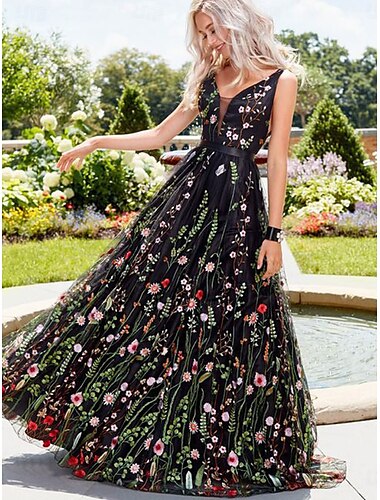  A-Linie Quinceanera-Kleider Elegant Kleid Hochzeit Hochzeitsgast Bodenlang Ärmellos V Ausschnitt Polyester Rückenfrei mit Blumenmuster Falten 2025