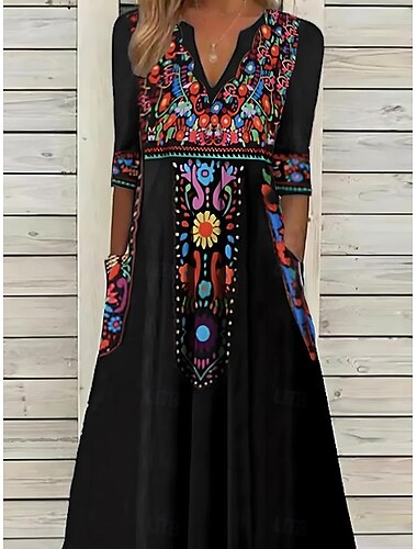  Dam Midiklänning Långärmad Boho klänning A linjeklänning Boho-klänning Stylish Ledigt Semester Ledigt Dagligen Normal Grafisk Långärmad V-hals Svart Vin Marinblå Sommar Vår Höst