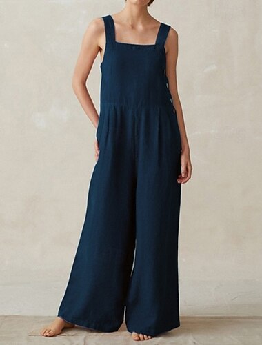  Dam Vanligt Linneinspirerade byxor Streetwear Ensfärgat Ärmlös U-hals Ficka Gata Dagligen Normal Svart Rubinrött Blå Sommar