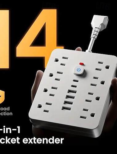  מטען שטוח 14 ב-1 עם 4 שקעי AC ו-6 יציאות USB (2 USB-C) – הגנת עומס ולוח הרחבת חשמל