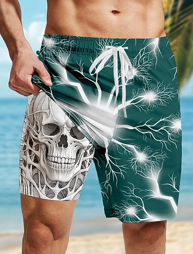  Herren Schädel Aufhellung Gothic Gefütterte Shorts 2 in 1 Badeshorts Badeshorts Mittlere Taille Retro Vintage Ferien Streetwear Seitentaschen Mit Kompressionsfutter Elastischer Kordelzug in der Taille