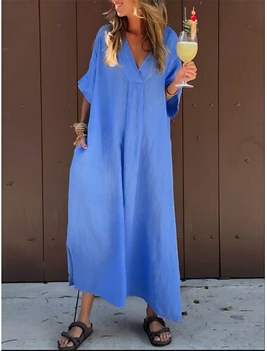  Femmes Robe Longue Maxi Robe Faux coton lin Robe fourreau Robe Décontractée Robe d'été Basique Moderne Quotidien Week-end Coupe régulière Uni Manche 3/4 Col en V Bleu Roi Été