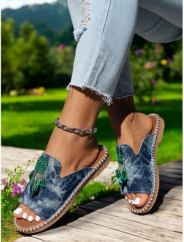  Women's Denim Open-Toe Slide Sandals with Green Beads – Boho Summer Shoes for Summer Casual Wear and Beach Style