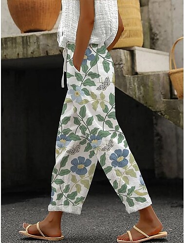  Damernas bomullslinbyxor baggy byxor linne liknande strandshorts semester vintage mode ankellång hög midja blommönster grafisk bladtryck andningsbar mjuk mikroelastisk utomhussemester avslappnad