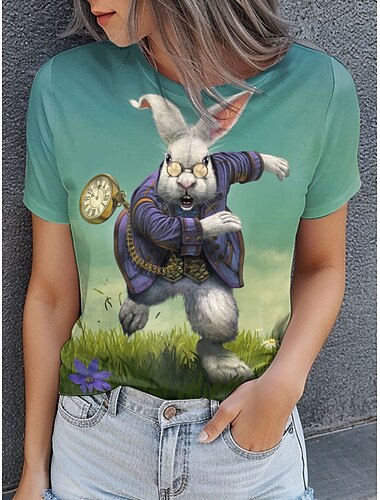  ホワイトラビットbyヴィンセントハイイースターレディースTシャツグラフィックアニマルヴィンテージスタイリッシュクラシック半袖ラウンドネックレギュラートップスデイリープリントグリーンサマー