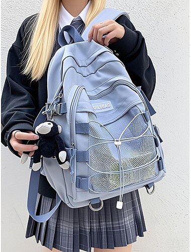  Zaino scolastico unisex con portachiavi a forma di scimmia – resistente zaino da viaggio rosso con tasca frontale in rete e cordino elastico per adolescenti e studenti