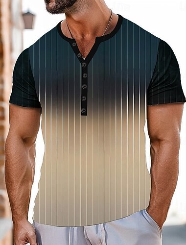  Homme Dégradé Rayé T-shirt Chemise Henley Manche Courte Sports Mode Designer Occasionnel Quotidien Extérieur Été Bleu Kaki Henley T-shirt Henley