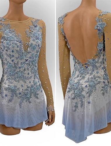  Eiskunstlaufkleid Damen Mädchen Eislaufen Kleid Himmelblau Weiß Patchwork Offener Rücken Netzstoff Hohe Elastizität Training Wettbewerb Eiskunstlaufkleidung Klassisch Kristall / Strass Langarm