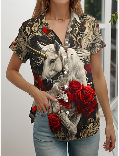  Kentucky Derby Damen Hemd Blumen Grafik Tiermotiv Vintage Tropisch Täglich Kurzarm Kappe Hemdkragen Lange Oberteile Täglich Rote Sommer Frühling