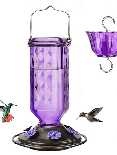  Mangeoire à colibris en verre à suspendre pour l'extérieur, 6 ports d'alimentation, mangeoire à nectar pour oiseaux pour décoration de jardin, douve à fourmis incluse