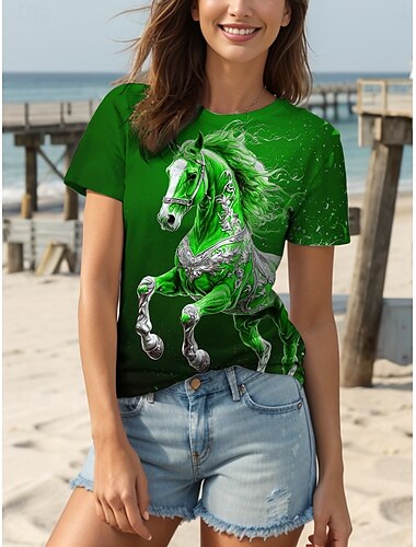 Kentucky Derby Damen T Shirt Ombre Grafik Tiermotiv Vintage Stilvoll Lässig Kurzarm Rundhalsausschnitt Rundhals Normale Oberteile Täglich Druck Rote Blau Grün Sommer Frühling