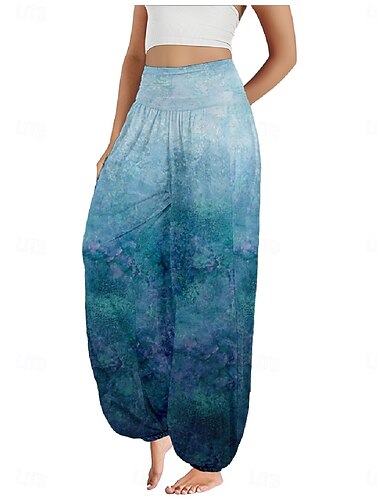  Dam Linneinspirerade byxor Brett skaft Byxor Etnisk Stil Ledigt Boho Fullängd Hög midja Lutning Ficka Elastisk midja Tryck Mateial som andas Mjuk Microelastisk Utomhus Yoga Rosa Mörkrosa Blå Purpur