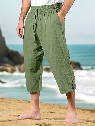  Herren Caprihose Leinenshorts Sommershorts Strandshorts Fronttasche Falten Gerader Schnitt Einfach Komfort Atmungsaktiv Wadenlang Outdoor Urlaub Party Urlaub Mode Lässiger Schnitt Schwarz Rosa