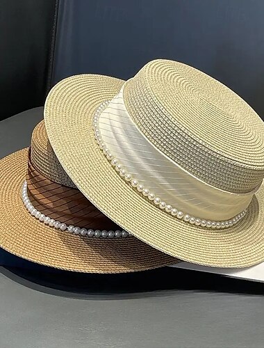  Elegante sombrero francés para el sol para dama, tejido de hierba natural, adorno de perlas, diseño de parte superior plana, protección UV, ideal para playa y uso al aire libre. Sombrero de playa.