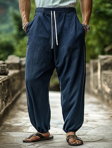  Voor heren Joggingbroeken Linnen broek Broek Zomerbroek Wijde broek Trekkoord Elastische taille Breed Been Effen Comfort Ademend Volledige lengte Huis Yoga Dagelijks Modieus Casual Donker kaki