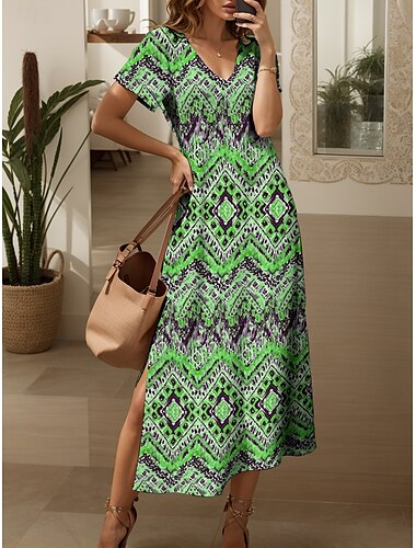  Damen Midikleid Sommerkleid A Linie Kleid Urlaub Lässig Normale Passform Grafik Geometrisch Vintage Kurzarm V Ausschnitt Rote Blau Purpur Orange Sommer Frühling Herbst