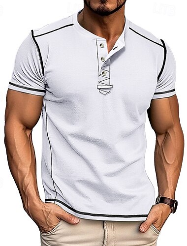  Homens Camiseta Camisa Henley Camisetas Camisa de manga curta Manga Curta Crewneck Verão Tecido Moda Designer Básico Puro Férias Rua Para Noite Preto Branco Azul Marinho Escuro Top Tee para Homens
