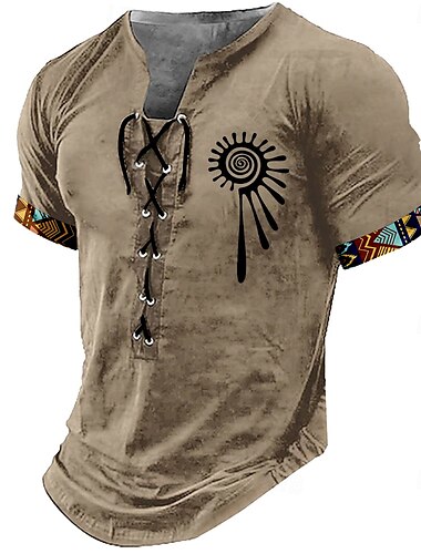  Herren Stammes Hemd Kurzarm T-Shirt 3D-Druck Schnürhals Hemd Retro Vintage Vintage-Retro Straße Lässig Täglich Schwarz Khaki Dunkelgray Sommer Frühling Bekleidung S M L XL XXL XXXL