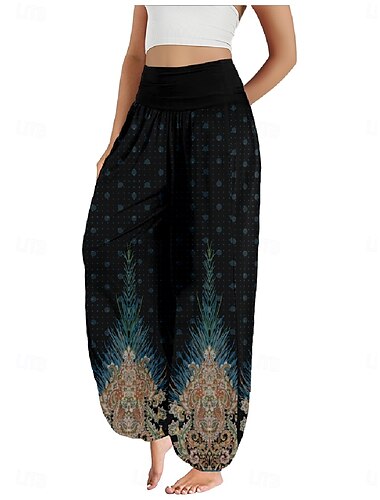  Damen Leinen-inspirierte Hosen Weites Bein Hosen Hose Ethno-Stil Lässig Boho Volle Länge Hohe Taille Grafikdrucke Tasche Elastischer Bund Drucken Atmungsaktivität Weich Mikroelastisch Outdoor Yoga
