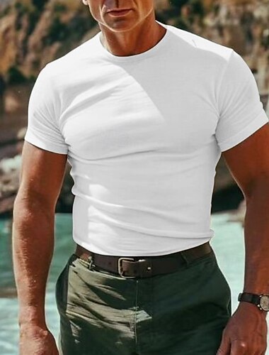  Voor heren Katoenen T-shirt Korte mouw Strakke ronde hals Zomer Effen Basic Klassiek Vakantie Casual / Dagelijks Zwart Wit Roze Top T-shirt voor mannen