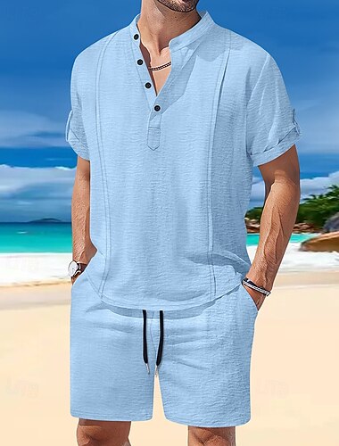  Męskie T-shirt Garnitury 2 sztuki stroje Koszulka i spodenki Krótki rękaw Henley Lato Równina Moda Codzienny 2-częściowa Urlop Dzienne zużycie Wyjściowe Biały Królewski błękit Brązowy Top Tee dla