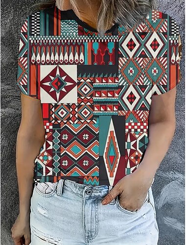  Women's T Shirt Summer Tops Graphic Geometric Classic Casual Short Sleeve Crew Neck Crop Tops Daily Weekend Print Rainbow Summer Spring Fall