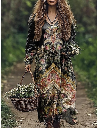 Women's Maxi Dress Sundress Pleated Dress Vacation Casual Boho Going out Beach Standard Fit Graphic Paisley Long Sleeve V Neck Deep Green Black Red Blue Summer Spring