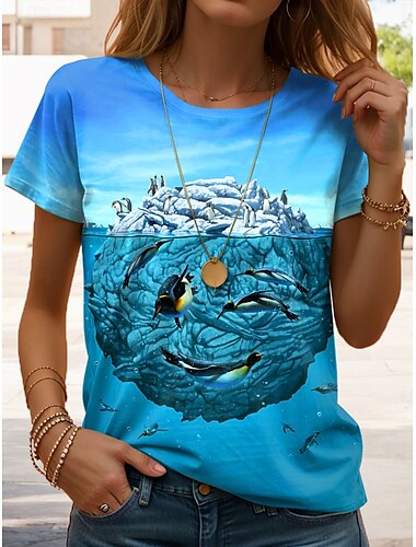  T-shirt femme motif pingouin avec clin d'œil par Vincent Hie, imprimé animal, décontracté, manches courtes, col rond, imprimé quotidien, bleu, été, printemps