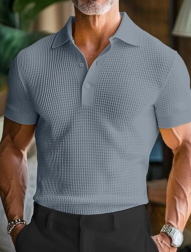  Men's Waffle Polo Shirts Golf Shirt Casual Holiday Lapel Ribbed Polo Collar Short Sleeve Fashion Basic Plain Buttons Soft Summer Spring Regular Fit White Yellow Burgundy Green Khaki Light Grey Waffle