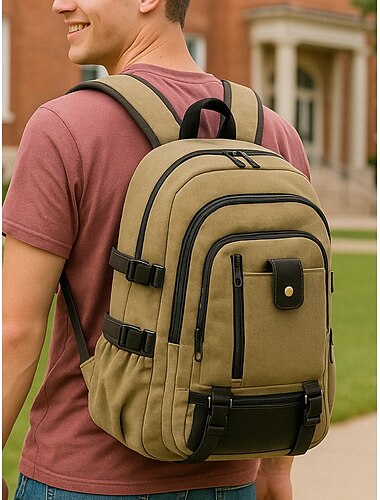  Sac à dos en toile grande capacité pour homme – sac à dos de voyage de style vintage avec plusieurs poches et sangles à boucle pour l'école, le travail ou les aventures en plein air