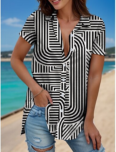  Mujer Camisa Graphic Geométrico A Rayas Vintage Tropical Diario Sin Mangas Manga Corta Casquillo Cuello Camisero Tops regulares Diario Blanco Color Camello Verano Primavera