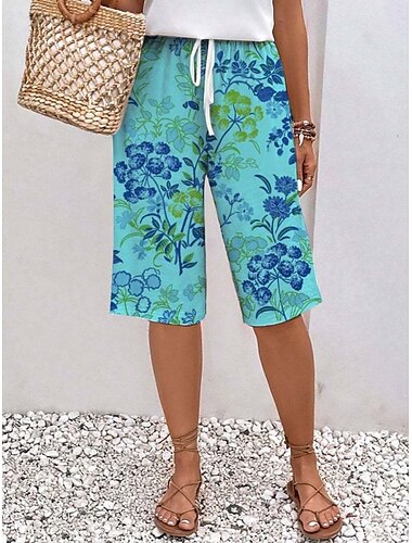  Damen Capri-Hosen Chinos Mode Streetwear Knielang Hoch Taille Floral Elastischer Bund Druck Komfortabel Weich Bequem Mikroe lastisch Outdoor Straße Dunkelgrün Weiß Königsblau Blau