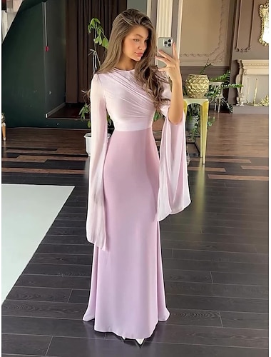  A-Linie Partykleider Elegant Kleid Formell Hochzeit Bodenlang Langarm Rundhalsausschnitt Satin mit Stickerei 2025