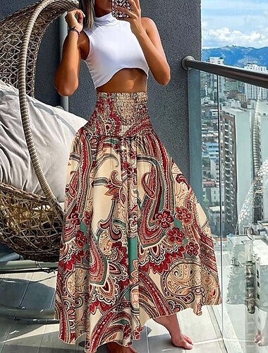  Jupe Femme Jupe Maxi Mode Bohème Vêtements de Plage Décontractés Jupe Midi Taille Haute Imprimé Floral Paisley Micro-élastique Vacances Rue Gris Vert Noir Jaune Vert Clair Été Polyester