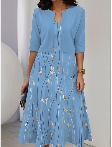  Womens Kleid Set Midi Kleid A-Linien Kleid Party Cocktail Floral Druck Halbarm V-Ausschnitt Hochzeitsgast Alltag Weiß Blau Orange Sommer Frühling Normaler Schnitt