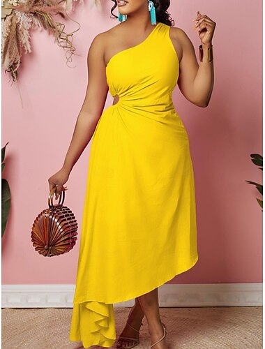  Damen Maxi Kleid A-Linie Kleid Einfarbig Arbeitskleider Off-Shoulder Kleid Formal Formal Party Arbeit Reguläre Passform Schlicht Ein-Schulter Gelb Rot Grün Sommer Frühling