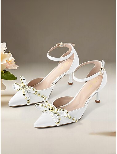  Weiße Kitten Heels mit spitzer Spitze für Damen, goldener Nietenschleife und Knöchelriemen – schicke Pumps für Cocktailpartys und halbformelle Anlässe