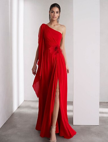  One-Shoulder-blau-rosa A-Linie Chiffon-Feder Abendkleid elegantes Kleid formale bodenlange ärmellose geraffte Schal 2025