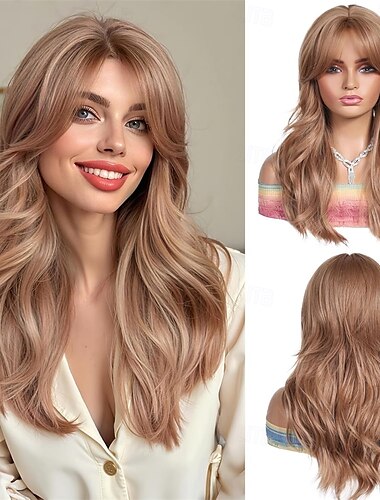  peruka ombre brown dla kobiet z grzywką typu curtain bangs średniej długości naturalne kręcone syntetyczne włosy peruka odporna na ciepło do codziennego noszenia na imprezę cosplay