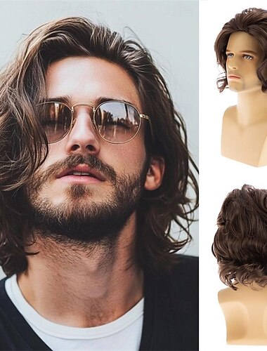  Parrucche corte ondulate castane per uomo, parrucca naturale a strati per cosplay