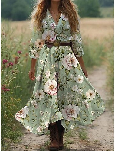  Women's Midi Dress A Line Dress Vacation Casual Boho Outdoor Going out Beach Loose Fit Floral Graphic 3/4 Length Sleeve V Neck Pink Blue Orange Green Summer