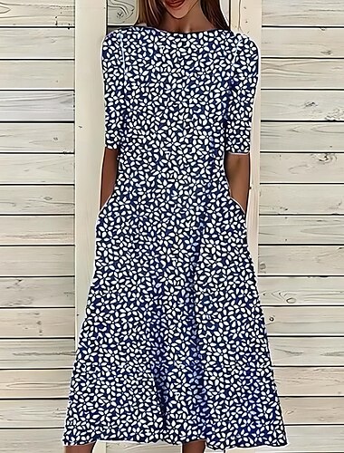  Damen Midikleid T-Shirt-Kleid A Linie Kleid Sommerkleid Urlaub Lässig Strand Date Sommerkleid Normale Passform Blumen Grafik Kurzarm Rundhalsausschnitt Blau Grün Dunkelblau Sommer