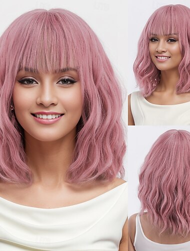  Synthetische Perücken Wasserwelle Curly Webart Asymmetrisch Gerader Pony Maschinell hergestellt Perücke 14 Zoll A1 Synthetische Haare Damen Party Klassisch Bequem Rosa