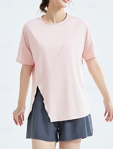  全米オープン 女性用 ソリッド トップス スポーツシャツ テニスシャツ 半袖 サイドスプリット スリット テニス ゴルフ ピクルスボール クルーネック トップス ブラック ホワイト ピンク テニスウェア