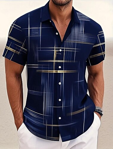  Herren Geometrisch Karo / Karomuster Hemd Knopfhemd Kurzarm Modisch lässig Outdoor Urlaub Streetwear Sommer Frühling Umlegekragen 3D-Druck Hemden mit Kragen Schwarz Rosa Armeegrün Blau Grün