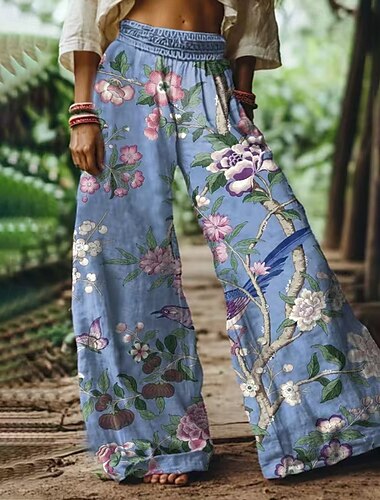  Damen Weites Bein Stoffhosen Boho Volle Länge Natürliche Taille Blume Tasche Elastischer Bund Drucken Bequem Außenbereich Straße Alltagskleidung Weiß Rosa Blau Blasse Rosa Sommer Normale Passform