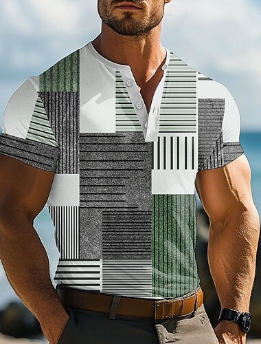  Herren Patchwork-Muster T Shirt Henley Hemd Kurzarm Designer Retro Vintage Lässig Straße Lässig Täglich Sommer Frühling Marineblau Lindgrün Kaki Grau Henley Henley T-Shirt