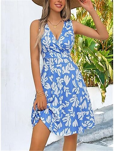  Women's Mini Dress A Line Dress Casual Outdoor Going out Beach Standard Fit Floral Graphic Sleeveless V Neck Red Sky Blue Purple Green Summer Spring