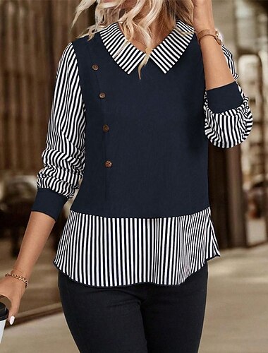  Mujer Camisa A Rayas Diario Elegante Básico Manga Larga Cuello Camisero Tops regulares Trabajo Diario Festivos Retazos Botones Azul Marino Marrón Primavera Otoño