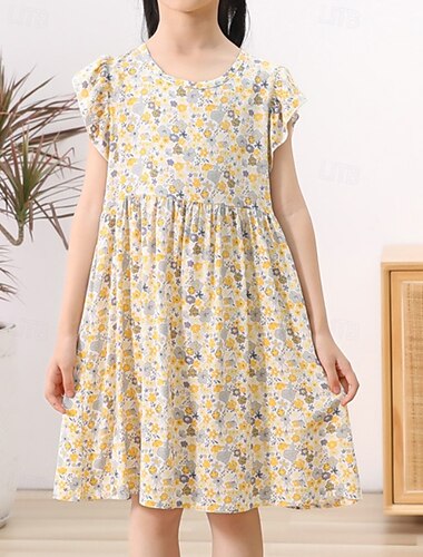  Kinder Mädchen Kleid Blume Kurzarm Outdoor Gerafft Niedlich Basic Baumwolle Knielang Freizeitkleid Blumenkleid Sommer Ab 4 Jahren Hellrosa Weiß Gelb
